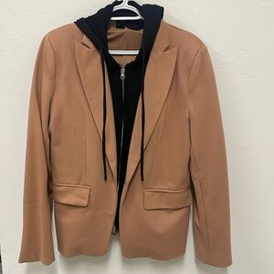 Central Park West Tan Blazer with removable hood and zipper layer